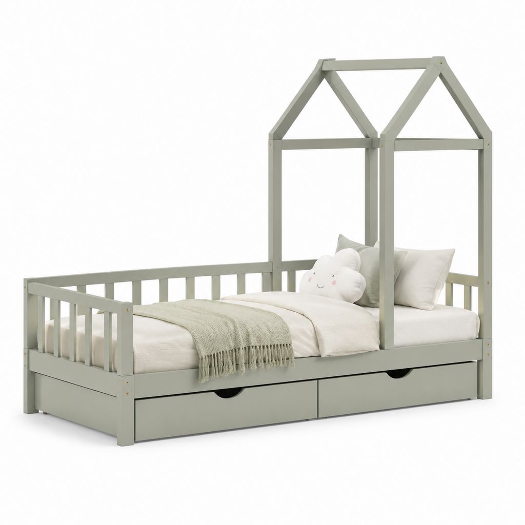 Kinderbett Hausbett Hellgrau aus massivem Kiefernholz mit 2 Schubladen 90 x 200 cm