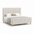 Polsterbett Doppelbett Beige Polyester Rechteckig mit Kopfteil und Holzfüßen 160 x 200 cm