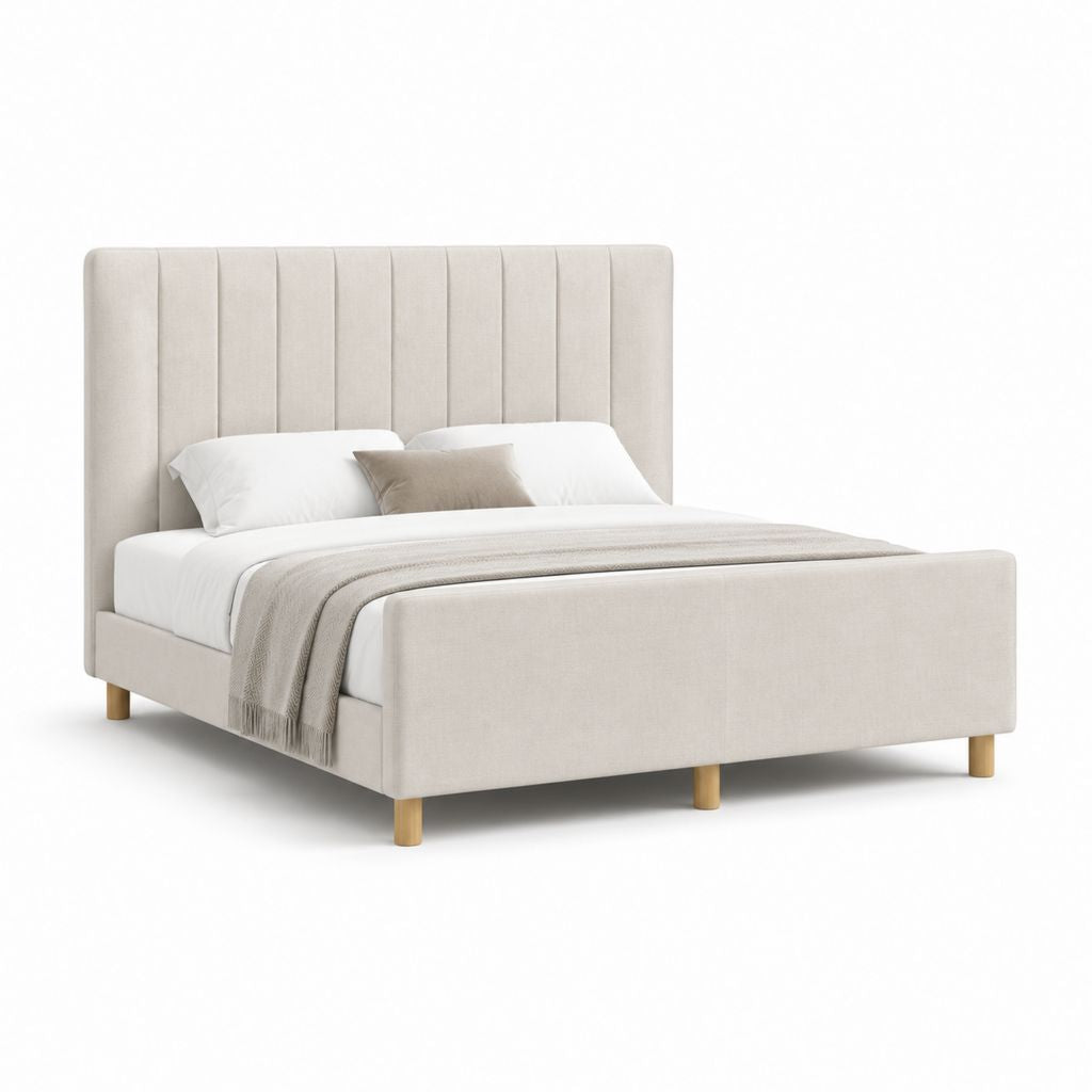 Polsterbett Doppelbett Beige Polyester Rechteckig mit Kopfteil und Holzfüßen 160 x 200 cm