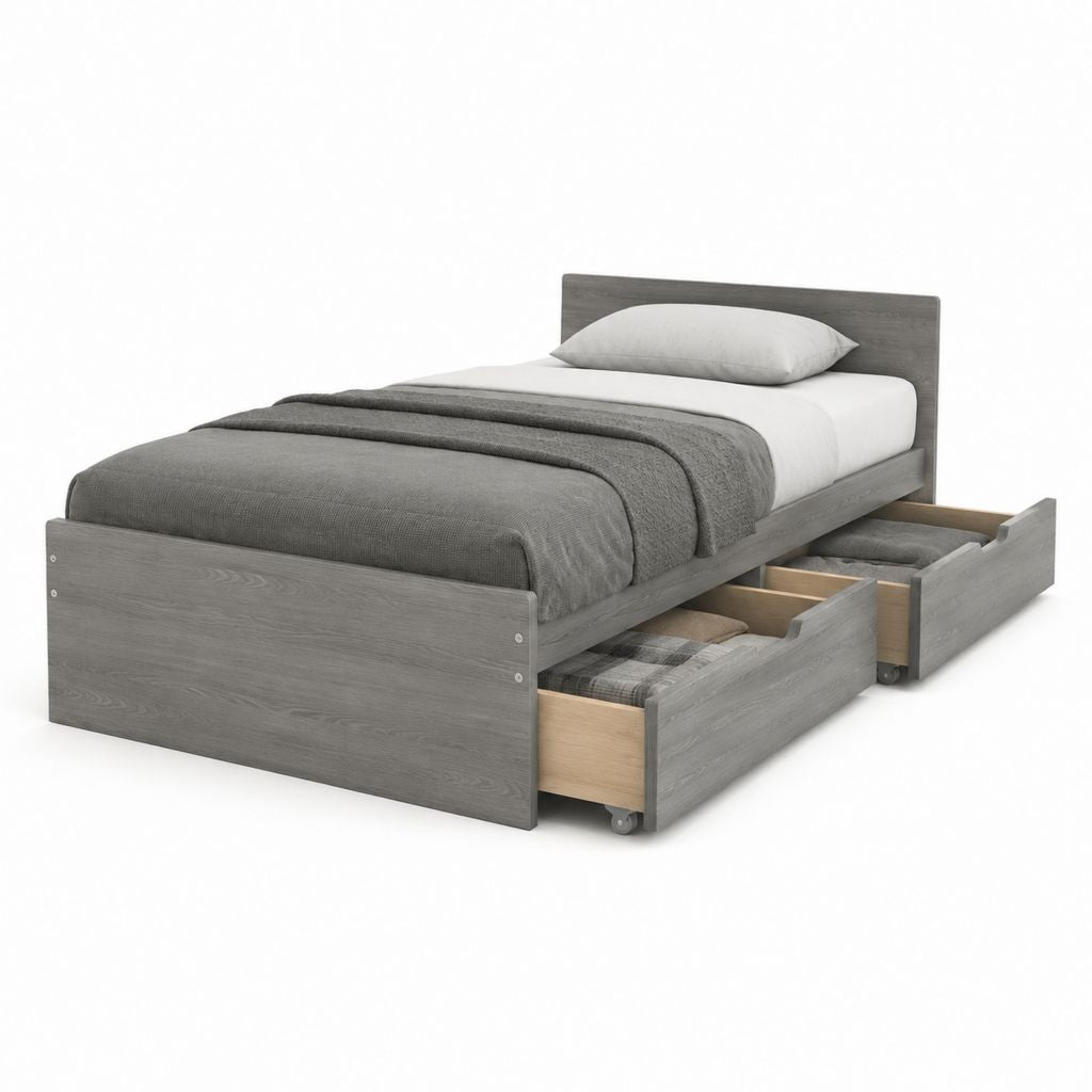 Einzelbettgestell Grau aus massivem Kiefernholz mit 2 Rollschubladen rechteckig für 90 x 200 cm Matratze