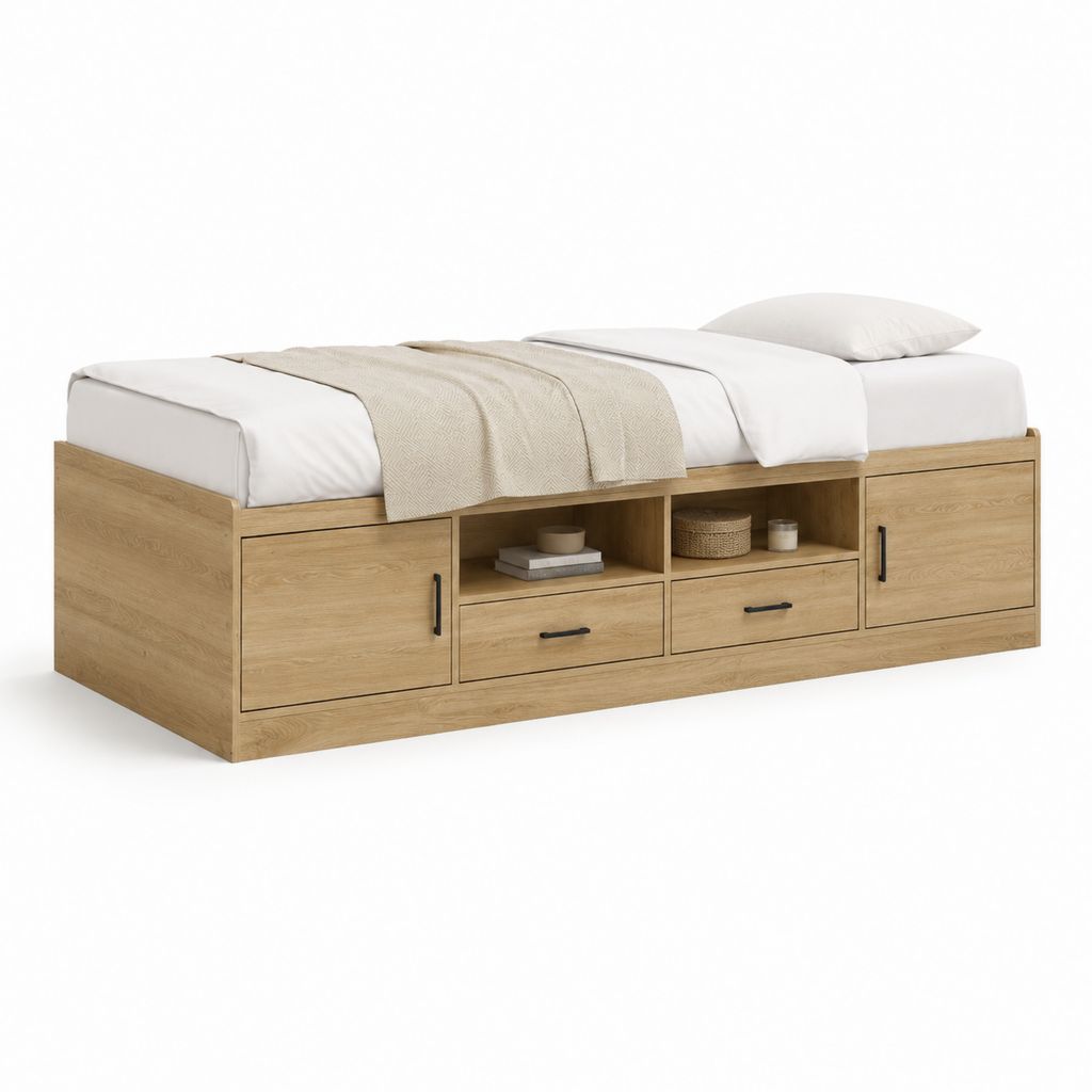 Stauraumbett aus Spanplatte in Eiche Natur rechteckig 90 x 200 cm