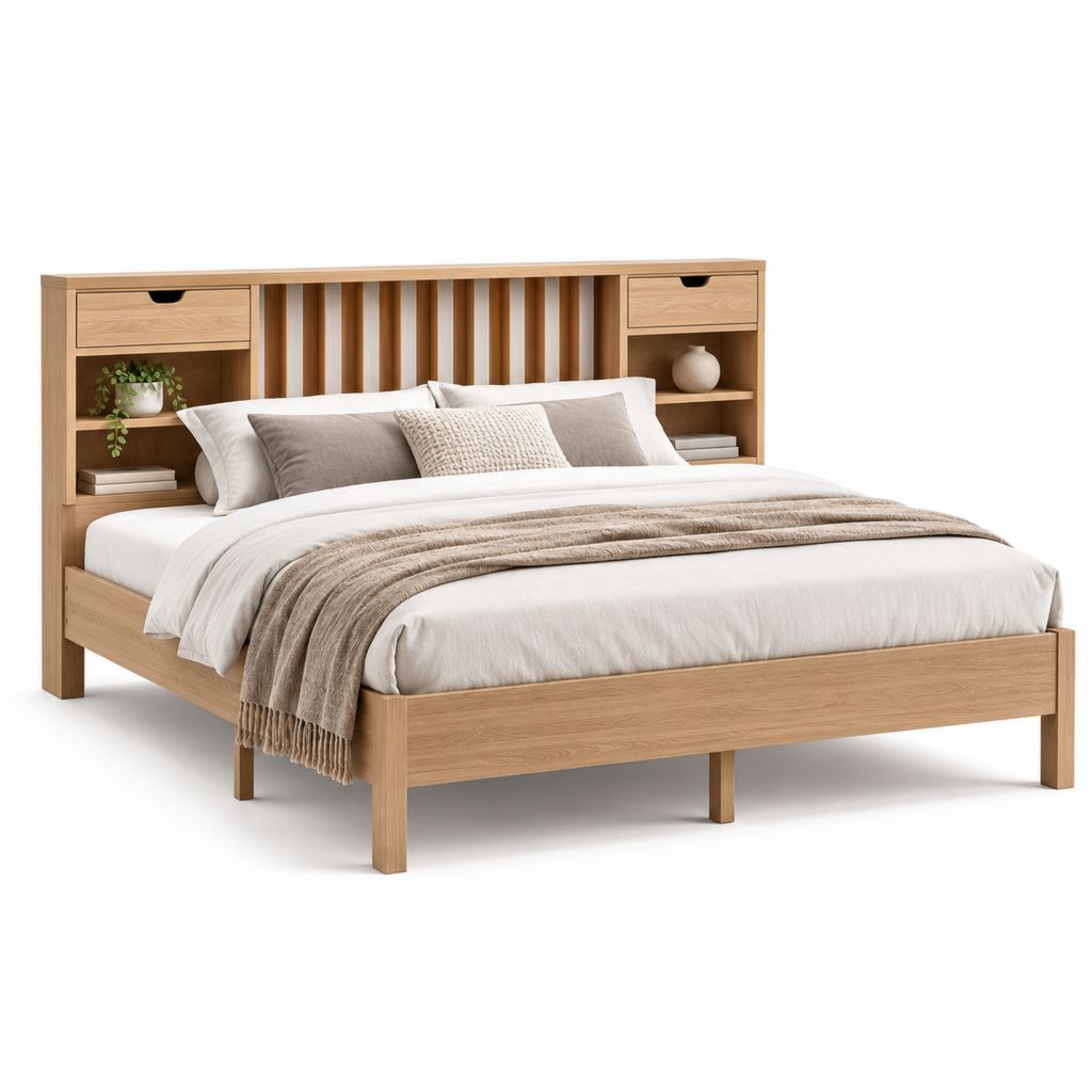 Doppelbett Bettgestell Natur Eichenfurnier rechteckig 160 x 200 cm mit Regal-Kopfteil und Schubladen