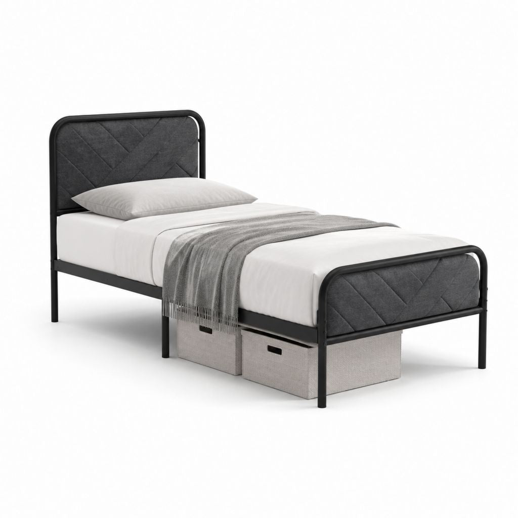 Einzelbettgestell 90 x 200 cm Schwarz aus Stahl mit gepolstertem Polyester-Kopfteil und Fußteil
