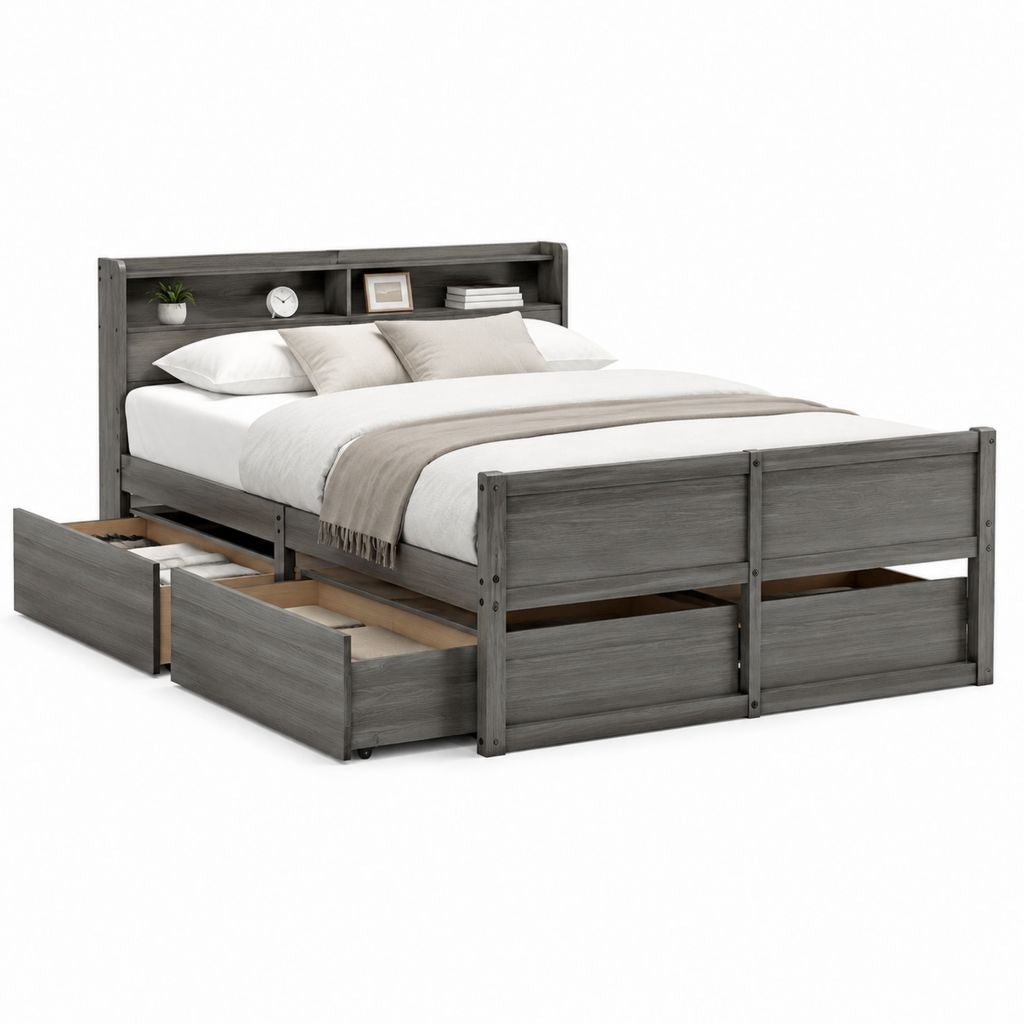 Doppelbett mit Stauraumschubladen Grau Kiefer Massivholz Rechteckig 160 x 200 cm