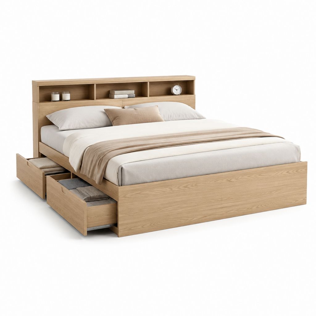 Stauraumbett Doppelbett Eicheoptik Holzwerkstoff rechteckig 160 x 200 cm mit Kopfteilregal und Schubladen