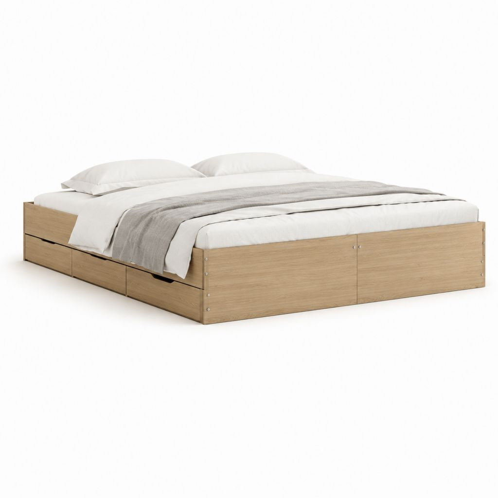 Stauraumbett Doppelbett Eiche Natur Spanplatte rechteckig 160 x 200 cm